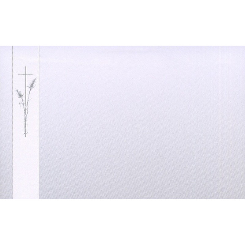 Carte remerciement décès sur fond gris avec croix catholique et épis de blé dans bandeau blanc Decorte 6582
