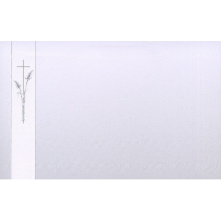 Carte remerciement décès sur fond gris avec croix catholique et épis de blé dans bandeau blanc Decorte 6582 Carte remerciement décès sur fond gris avec croix catholique et épis de blé dans bandeau blanc Decorte 6582