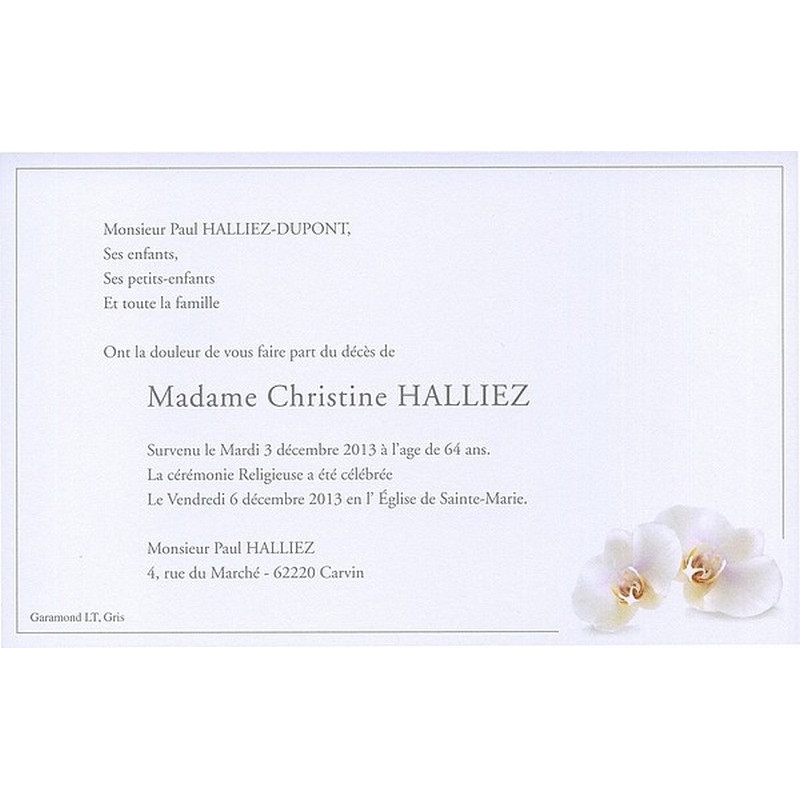 Carte remerciement décès orchidées blanches et liseré gris avec ajout photo possible Buromac 641.128
