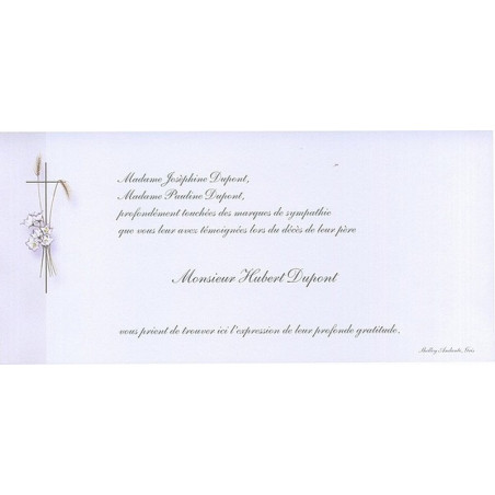 Carte remerciement décès fleurs, épis de blé et croix catholique avec ajout photo possible Buromac 644.010