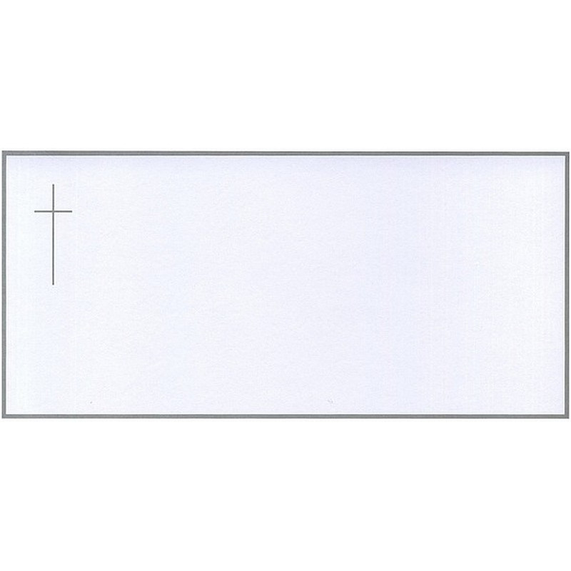 Carte remerciement décès blanche avec cadre gris, croix catholique grise et ajout possible photo Buromac 644.018