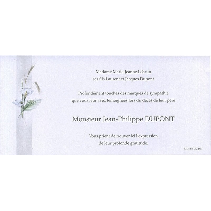 Carte remerciement décès blanche avec arums blancs et épis de blé avec ajout photo possible Buromac 644.083