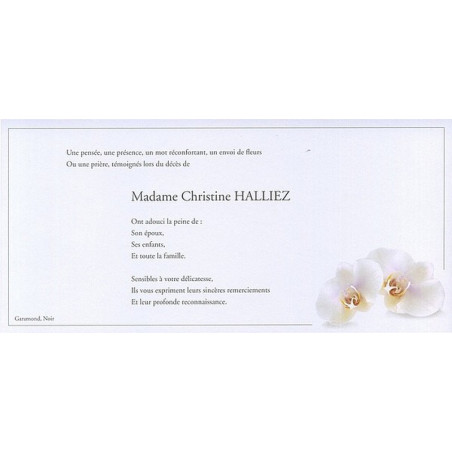Carte remerciement décès orchidées blanches et liseré gris avec ajout photo possible Buromac 644.128