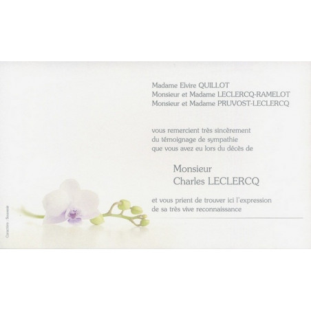 Carte remerciement décès orchidée blanche et cœur violet Decorte 6490