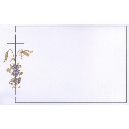 Carte remerciement décès croix catholique indigo fleurs indigo or épis de blé et liseré bronze Decorte 6501 Carte remerciement décès croix catholique indigo fleurs indigo or épis de blé et liseré bronze Decorte 6501