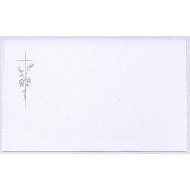 Carte remerciement décès croix catholique, fleurs, épis de blé et bordure grise avec liseré Decorte 6541