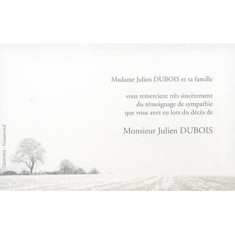 Carte remerciement décès campagne champ arbustes arbres Decorte 6574