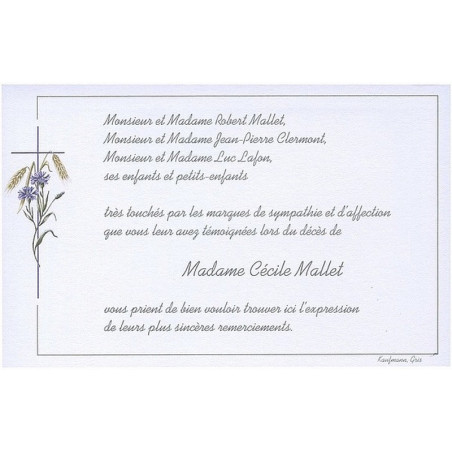 Carte remerciement décès fleurs bleuets, épis de blé, croix catholique violette et liseré gris Buromac 670.005