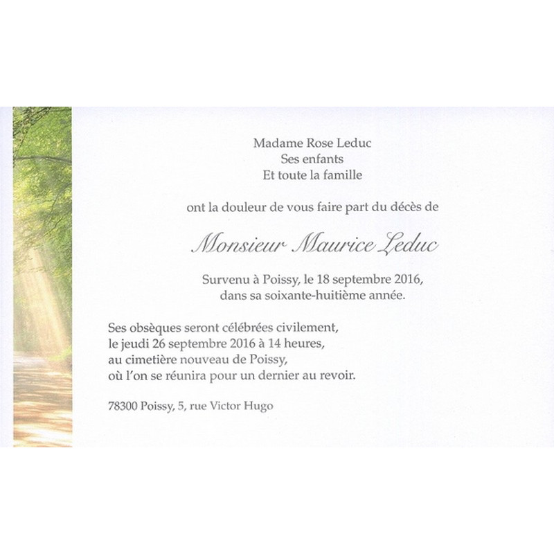 Carte remerciement décès sous-bois éclairé par rayon du soleil avec ajout possible d'une photo Buromac 641.152