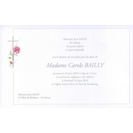 Carte remerciement décès croix catholique, fleur rose avec bouton de rose et fin liseré gris avec ajout possible d'une photo Bur Carte remerciement décès croix catholique, fleur rose avec bouton de rose et fin liseré gris avec ajout possible d'une photo Bur