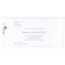 Carte remerciement décès croix catholique, fleur rose avec bouton de rose et fin liseré gris avec ajout possible d'une photo Bur