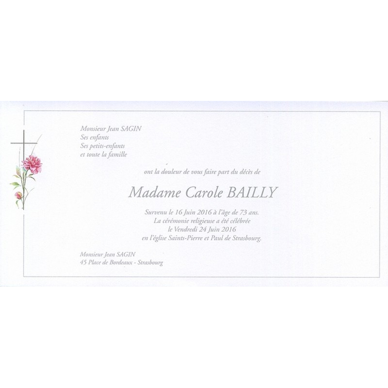 Carte remerciement décès croix catholique, fleur rose avec bouton de rose et fin liseré gris avec ajout possible d'une photo Bur