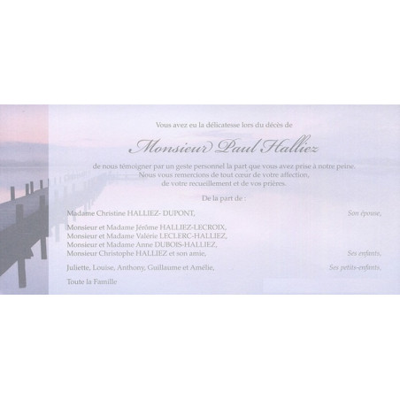 Carte remerciement décès ponton qui se reflète dans l'eau avec coucher de soleil (ajout photo possible) Buromac 644.154 Carte remerciement décès ponton qui se reflète dans l'eau avec coucher de soleil (ajout photo possible) Buromac 644.154