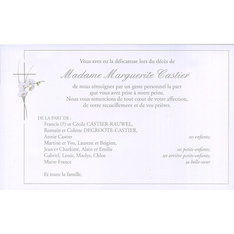 Carte remerciement décès orchidée blanche, croix catholique et liseré gris avec ajout possible d'une photo Buromac 641.137