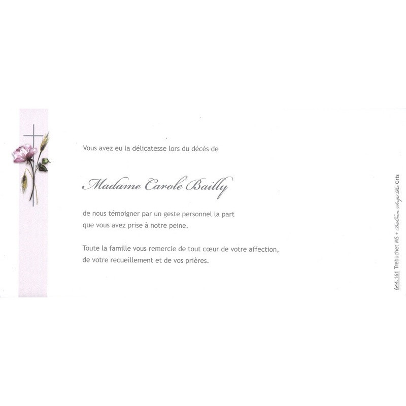 Carte remerciement décès pivoine rose, épis de blé, croix catholique grise et bandeau beige avec ajout photo possible Buromac 64