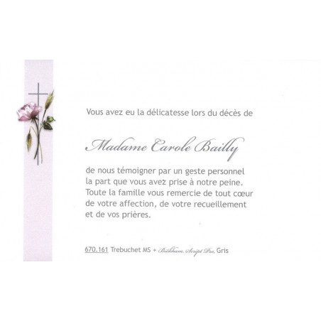 Carte remerciement décès pivoine rose, épis de blé, croix catholique grise et bandeau beige Buromac 670.161