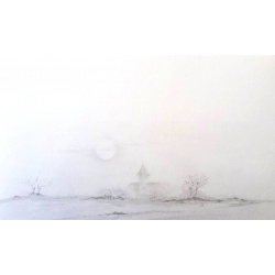 Carte remerciement décès dessin au fusain d'un village et soleil sous la brume Decorte 6498