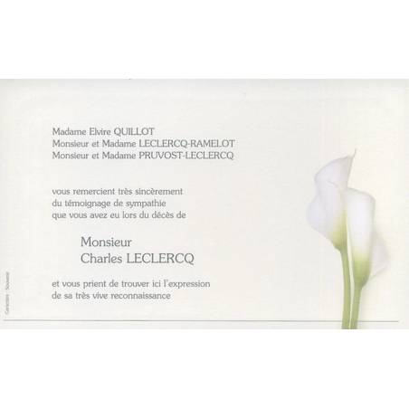 Carte remerciement décès avec deux callas (arums blancs) Decorte 6404 Carte remerciement décès avec deux callas (arums blancs) Decorte 6404