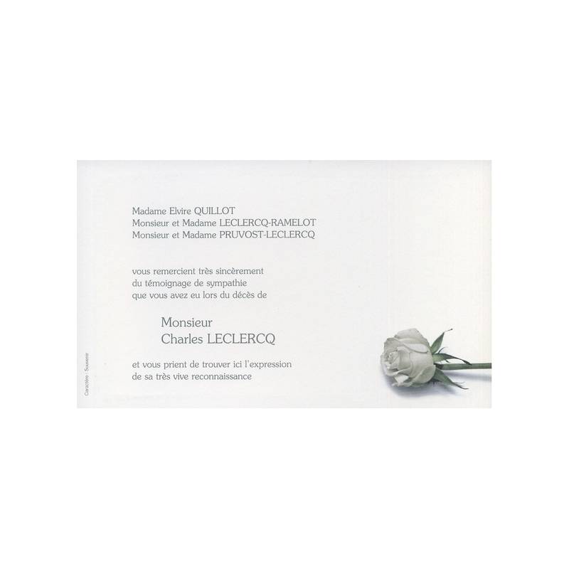 Carte remerciement décès rose blanche et tige verte Decorte 6457