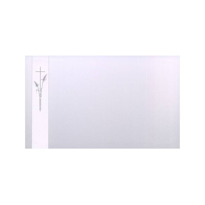 Carte remerciement décès sur fond gris pastel avec croix catholique et épis de blé dans bandeau blanc Decorte 6489