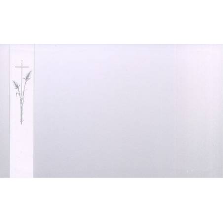 Carte remerciement décès sur fond gris pastel avec croix catholique et épis de blé dans bandeau blanc Decorte 6489 Carte remerciement décès sur fond gris pastel avec croix catholique et épis de blé dans bandeau blanc Decorte 6489