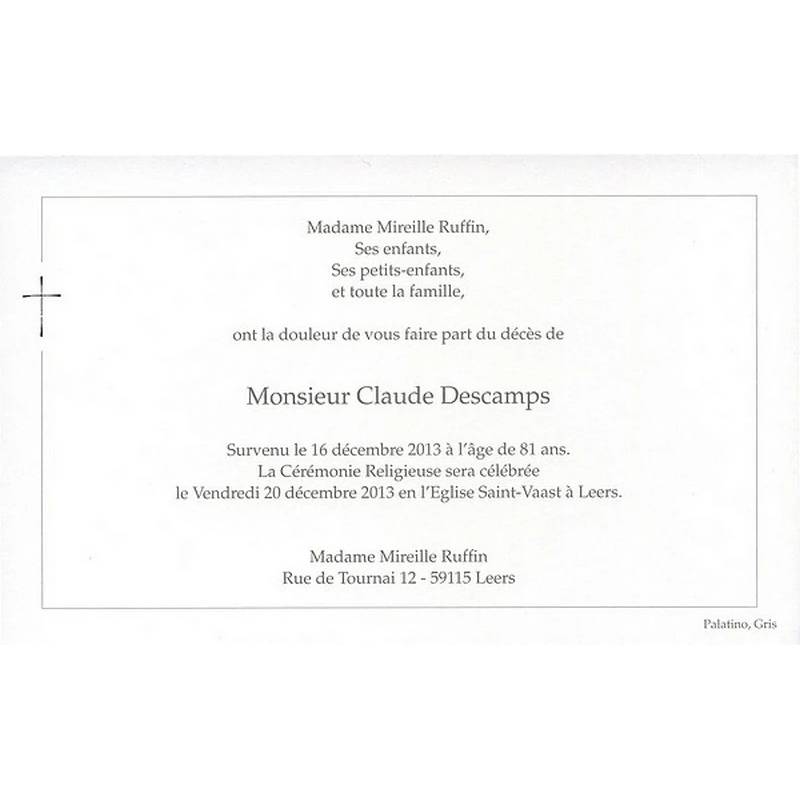 Carte remerciement décès croix argenture Buromac 641.040