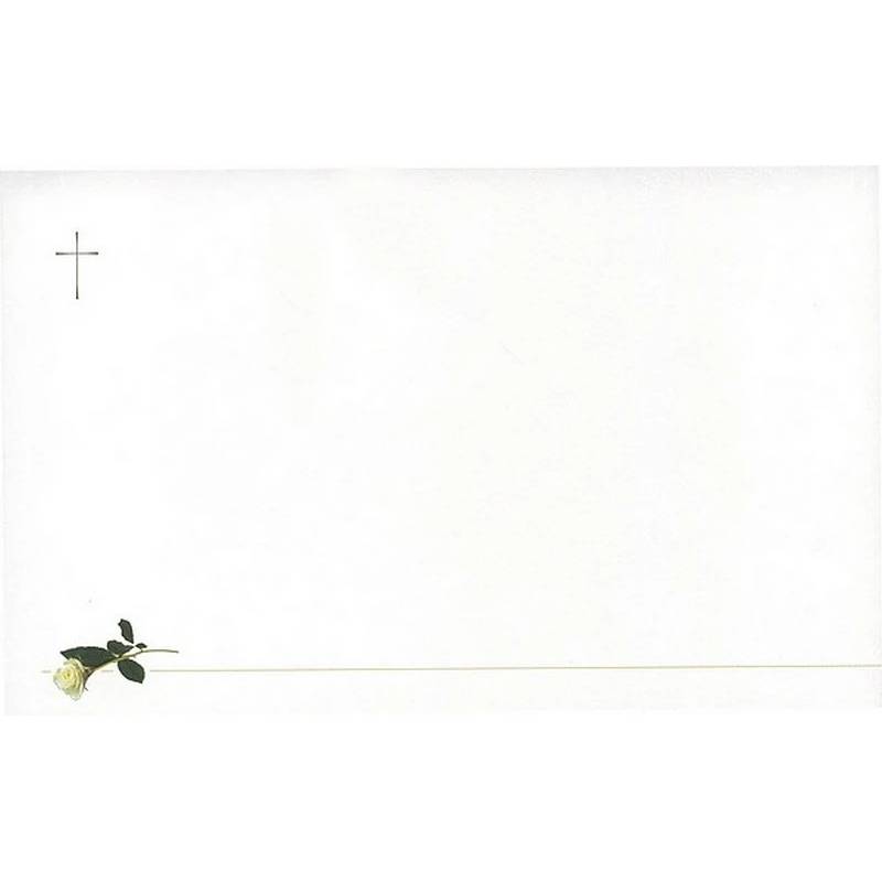 Carte remerciement décès rose blanche, trait couleur or et croix catholique verte Buromac 641.041