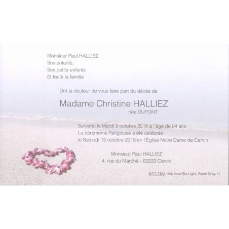 Carte remerciement décès cœur de pétales rose et blanc sur la plage avec la mer en fond Buromac 641.160 Carte remerciement décès cœur de pétales rose et blanc sur la plage avec la mer en fond Buromac 641.160