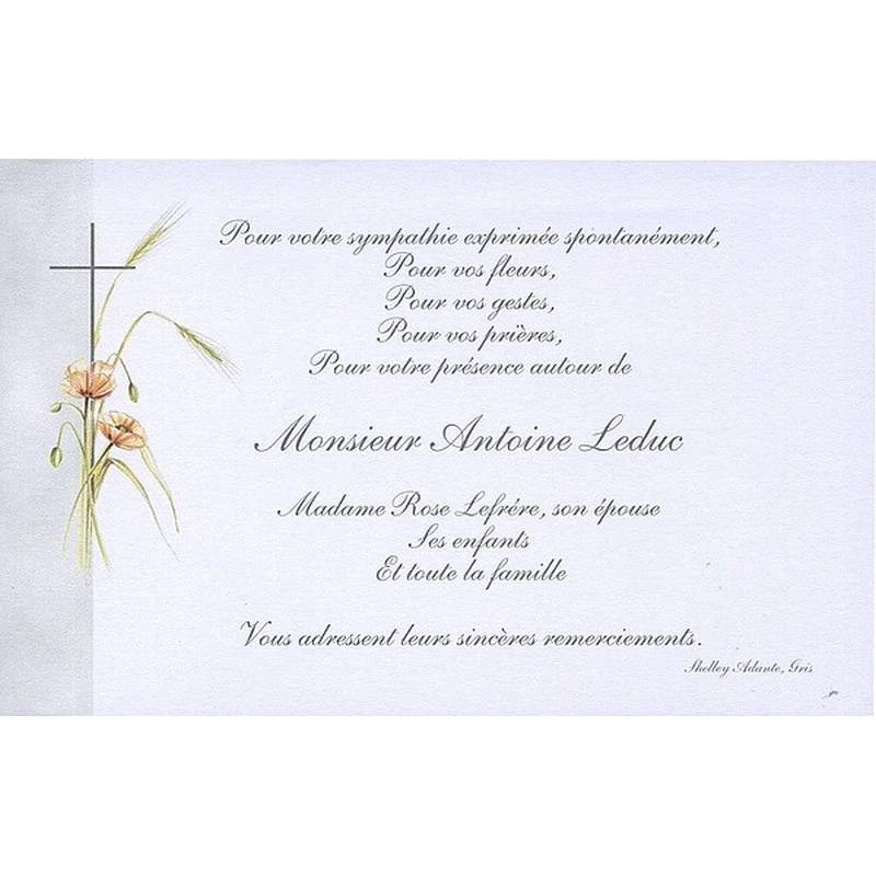 Carte remerciement décès coquelicots, épis de blé et croix catholique Buromac 670.090