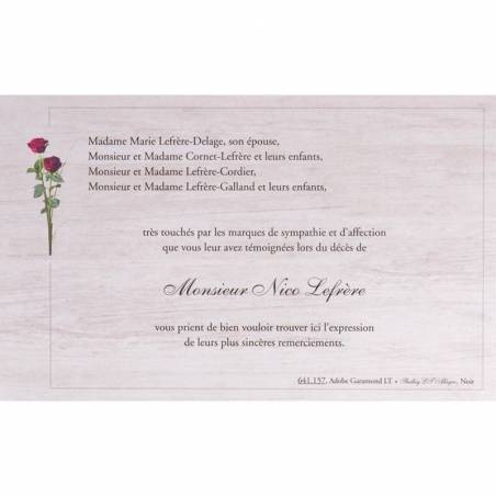 Carte de remerciement décès roses rouges bois BUROMAC 641.157