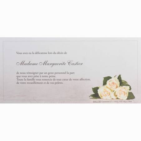 Carte de remerciement décès bouquet de roses blanches BUROMAC 644.158